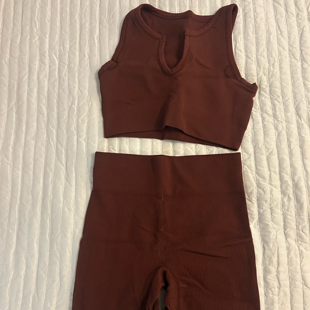 Ribbed Crop Tank and High-Waist Shorts Set — Deep Rust